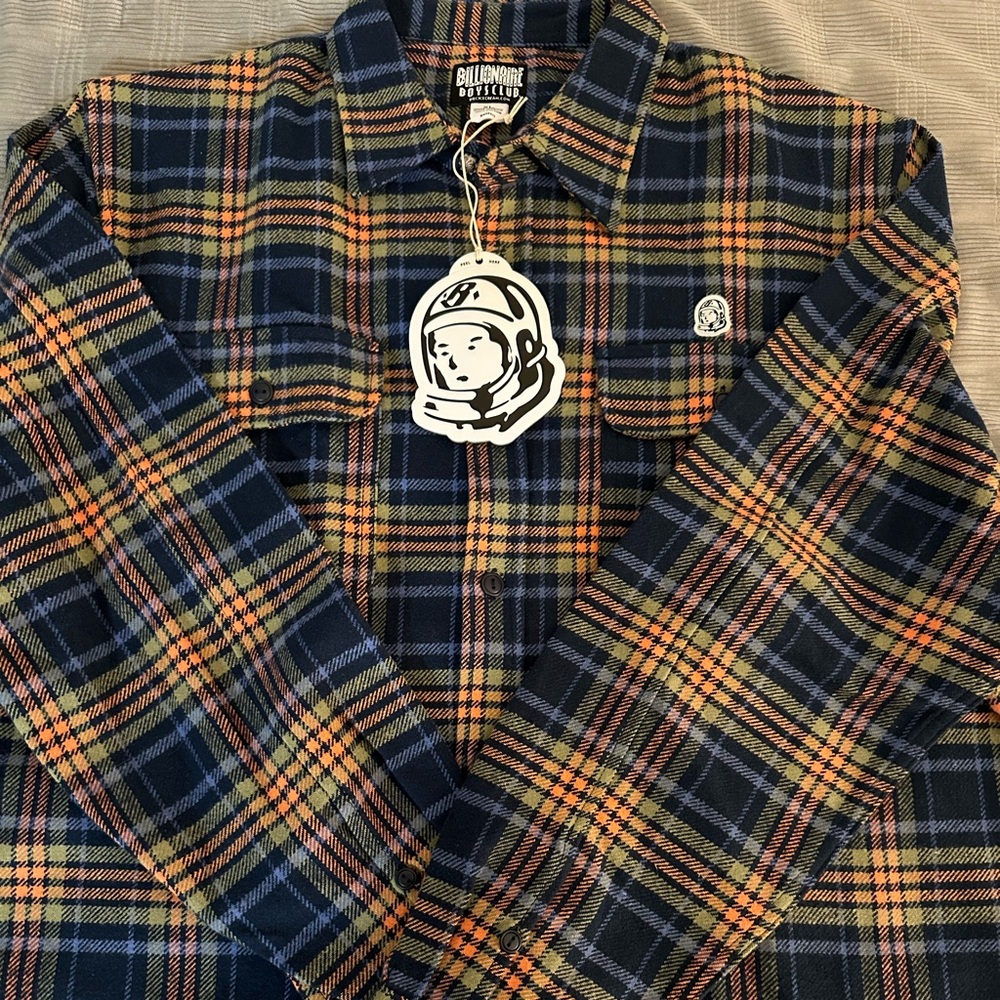 Billionaire Boys Club Navy Plaid Shirt with Orange and Olive Accents